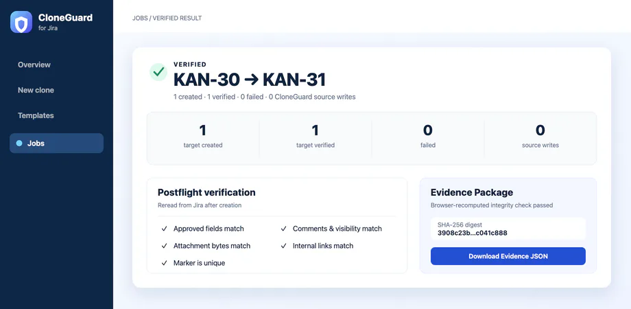 CloneGuard verified job showing source-to-target results and Evidence Package integrity check